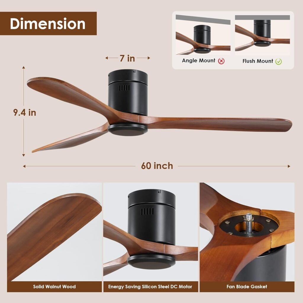 60 Wood Ceiling Fan with Lights and Remote - Outdoor Ceiling Fan for Covered Patios with 3 Walnut Wood Blades, Modern Farmhouse Ceiling Fan Light Fixture for Indoor/Outdoor
