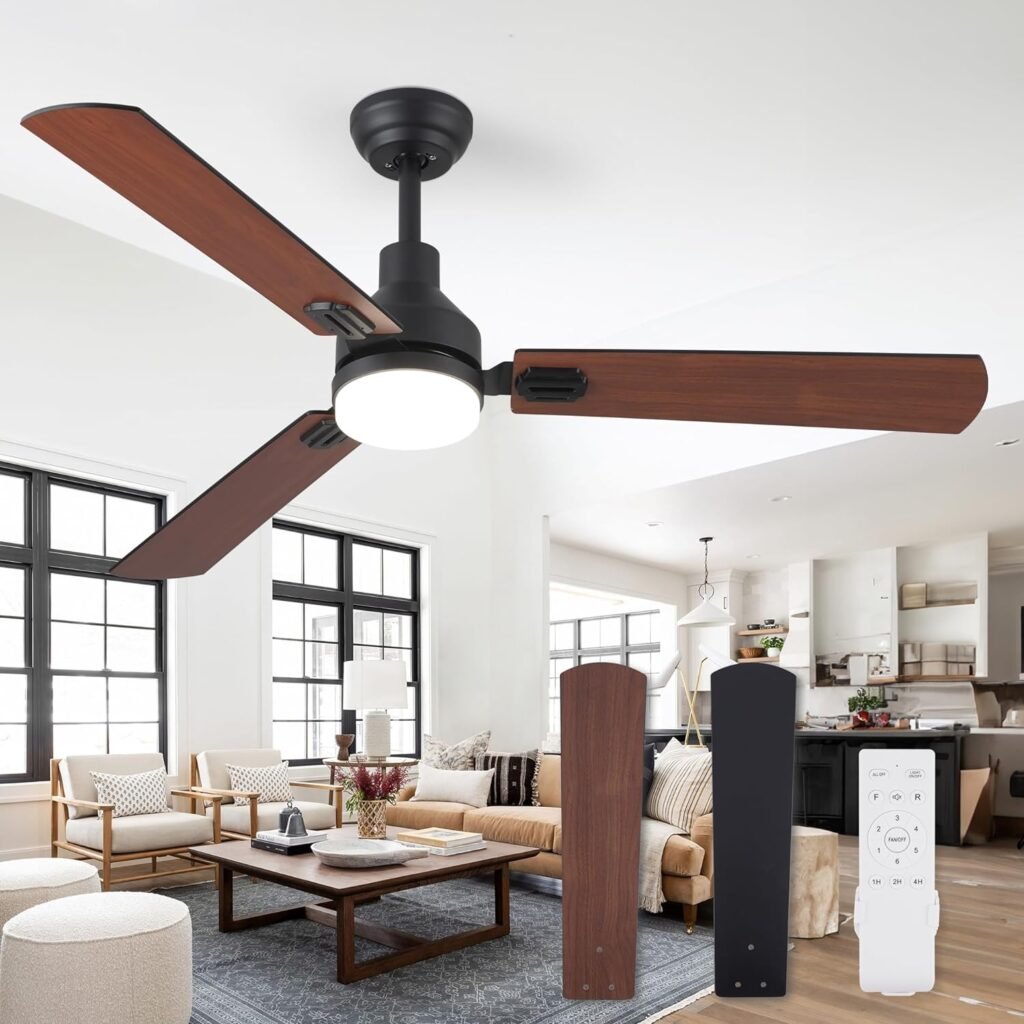 ZMISHIBO 52 Inch Ceiling Fan with Light Remote Control, Indoor and Outdoor LED Ceiling Fans, 3 Color Temperatures, Quiet Reversible DC Motor, Dual Finish Blades (Modern Black  Farmhouse Walnut)