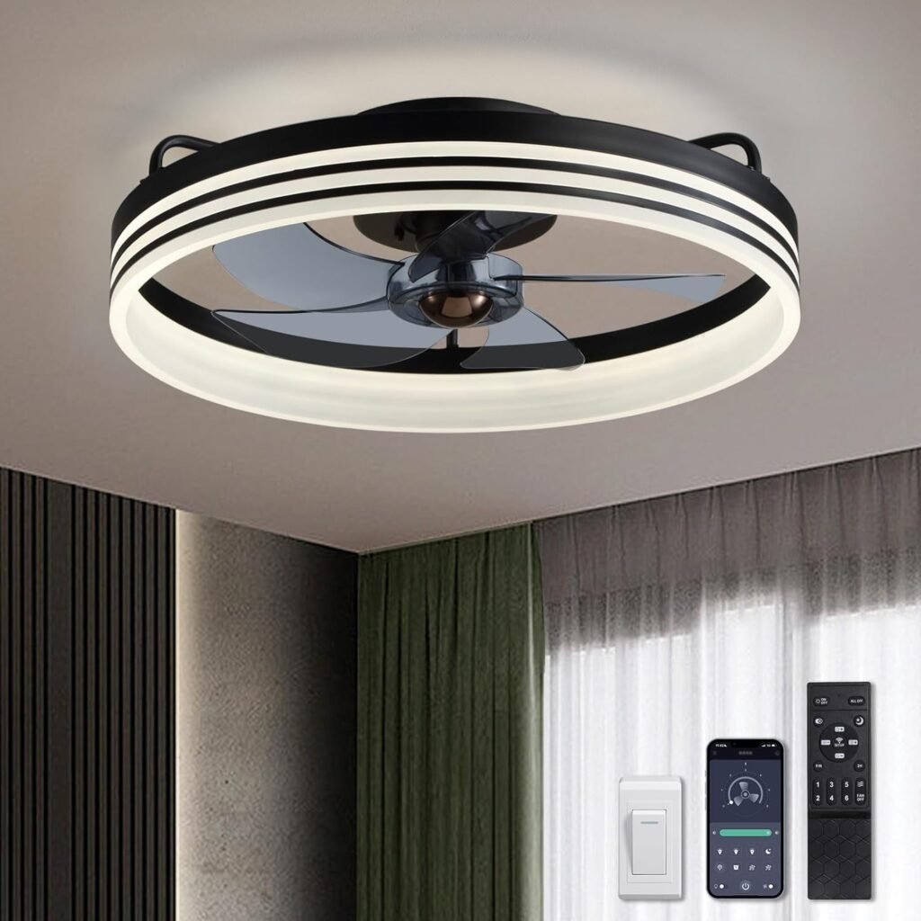 Ceiling Fans with Lights, 20 Flush Mount Ceiling Fan with Remote  APP Control, Black Low Profile Ceiling Fan with 6 Wind Speeds, Smart Dimmable LED Ceiling Fan for Bedroom, Living Room