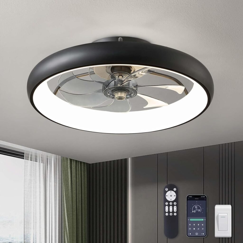 Ceiling Fans with Lights, 20 Flush Mount Ceiling Fan with Remote  APP Control, Black Low Profile Ceiling Fan with 6 Wind Speeds, Smart Dimmable LED Ceiling Fan for Bedroom, Living Room