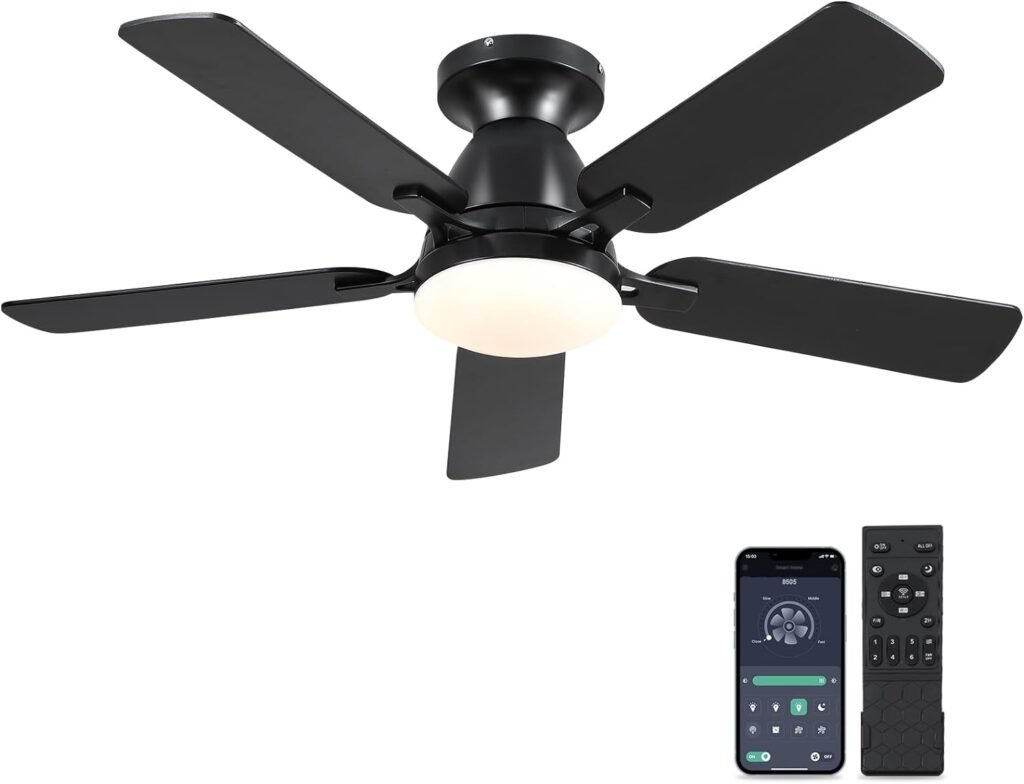 Ceiling Fans with Lights- 46 Low Profile Indoor Ceiling Fan with Light and Remote/APP Control, Flush Mount, LED Dimmable DC Reversible Modern Ceiling Fan for Bedroom（Black）