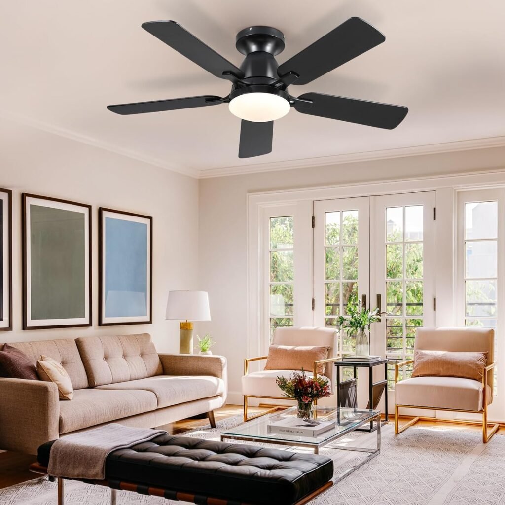 Ceiling Fans with Lights- 46 Low Profile Indoor Ceiling Fan with Light and Remote/APP Control, Flush Mount, LED Dimmable DC Reversible Modern Ceiling Fan for Bedroom（Black）