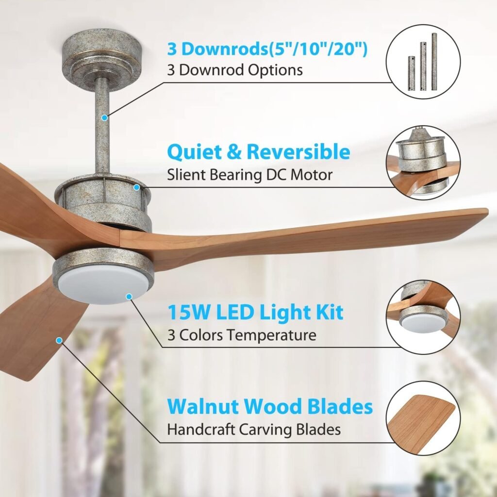 Chriari 60 Ceiling Fan With Remote and Wall Control, Walnut Ceiling Fan with 3 Wood Blades, 6 Speeds Smart Timing Reversible DC Motor, Modern Black Ceiling Fan for Indoor Outdoor Farmhouse/Patios