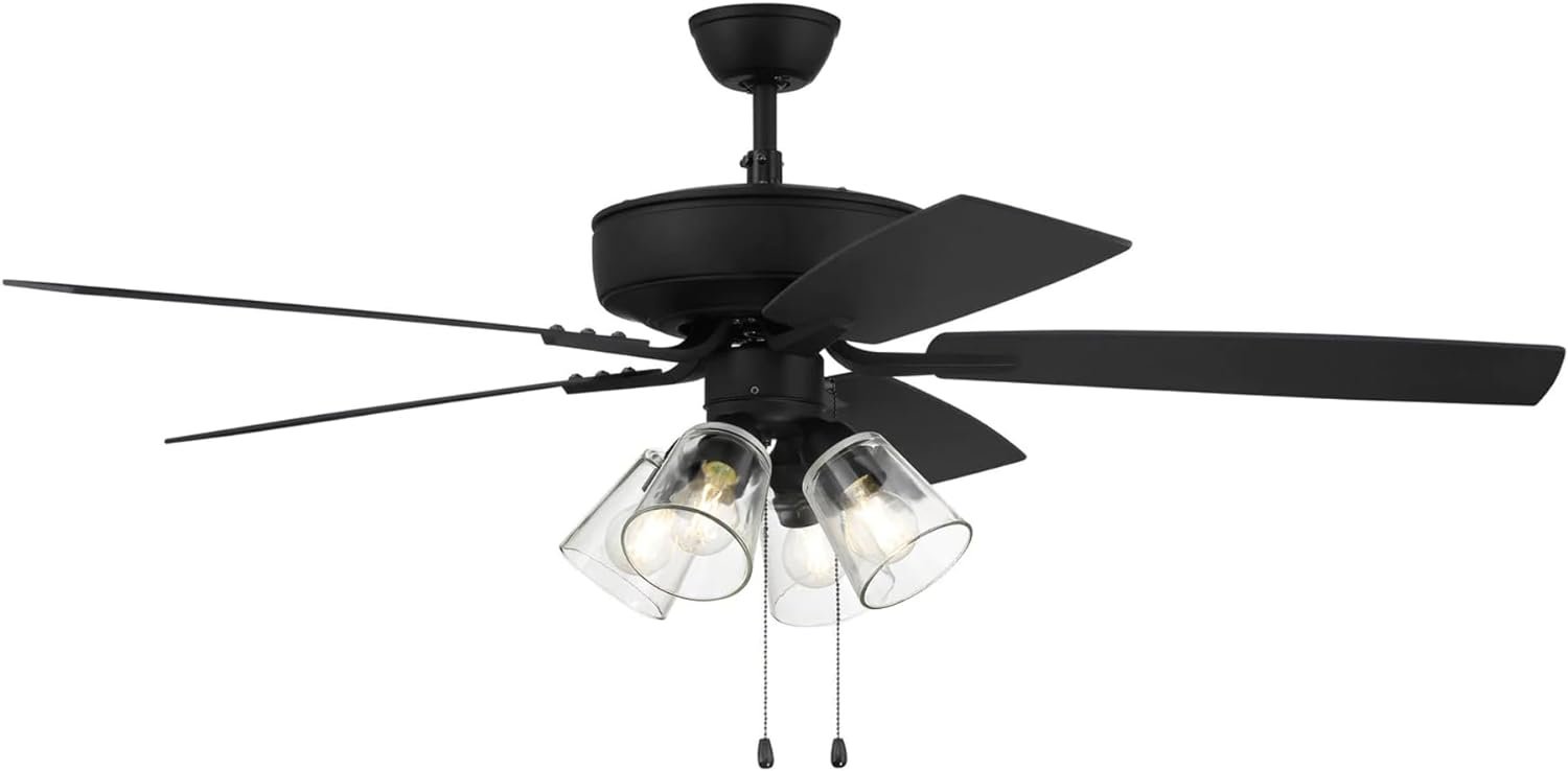 Craftmade P104FB5-52FBGW Pro Plus 52 Ceiling Fan with LED Lights  Pull Chain, 5 Reversible Flat Black/Greywood MDF Blades, Flat Black