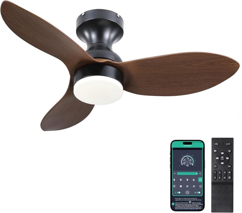 Surtime Low Profile Flush Mount Ceiling Fans with Lights and RemoteAPP,34in Black Modern Ceiling Fans for Outdoor Patio,Small Room,Bedroom