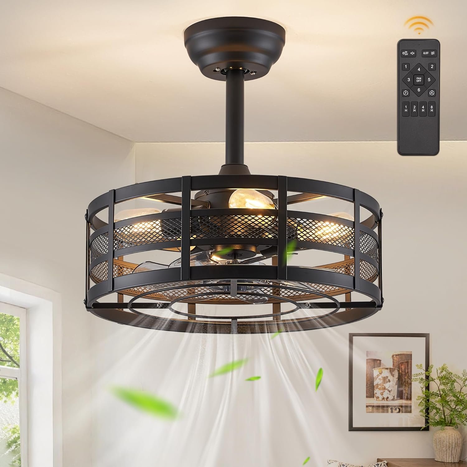 16in Caged Ceiling Fans with Lights and Remote, Bladeless Fandelier Ceiling Fan with 6 Speeds and Timing, Farmhouse Samll Fan Lights Ceiling Fixtures For Kitchen, Bedroom, Outdoor-Black X