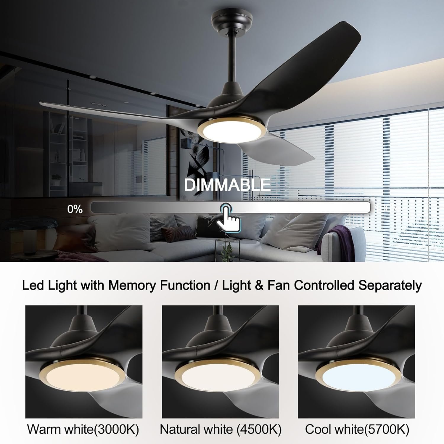 52 Inch 6 Speed High CFM Quiet DC Motor Modern Ceiling Fan with Lights Remote Control, 3 Blade White Gold Indoor Bedroom Living Room Ceiling Fan
