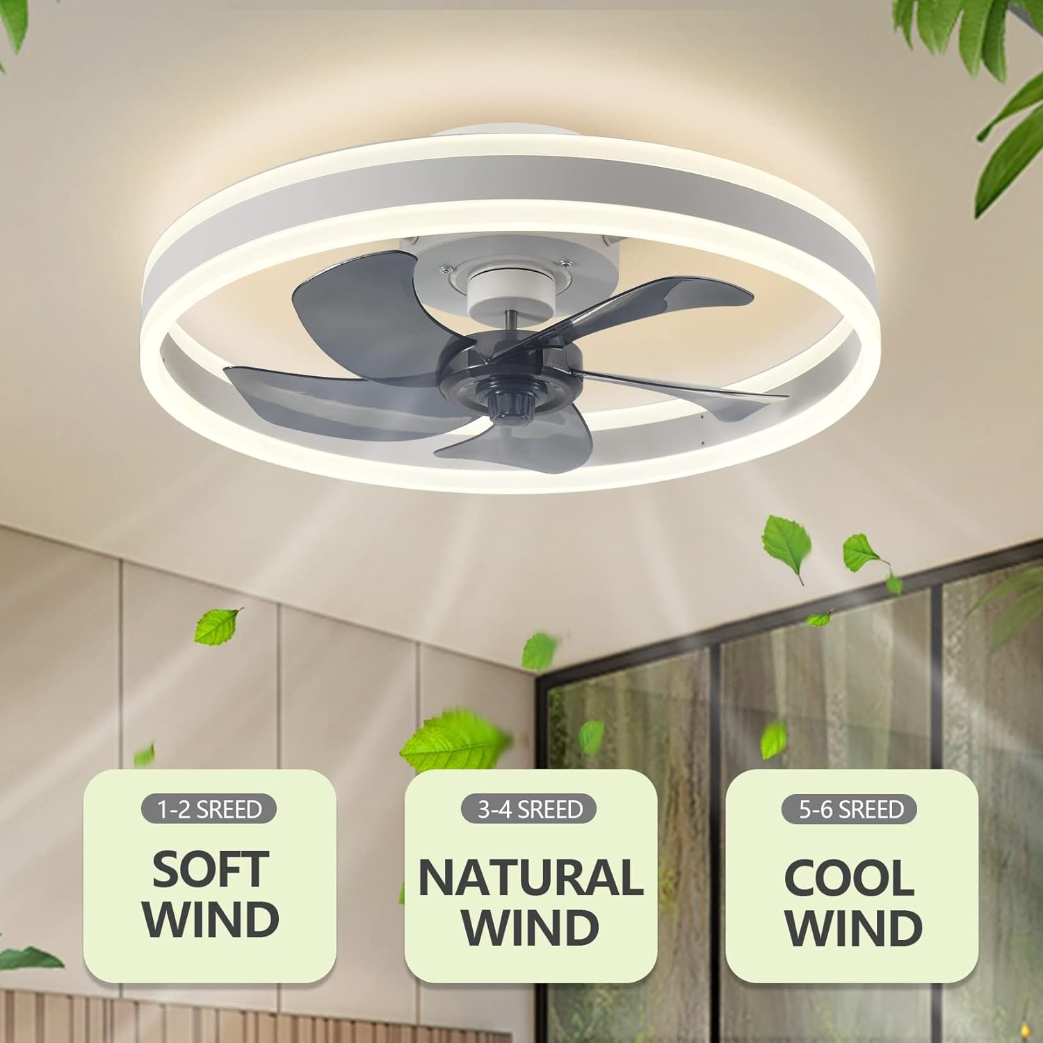 AHAWILL Fandelier Ceiling Fans with Lights and Remote,Modern Flush Mount Ceiling Fan with Light 6 Speeds Timing,Low Profile Ceiling Fans for Bedroom,Study,Dining Room,etc.(19.7 White)