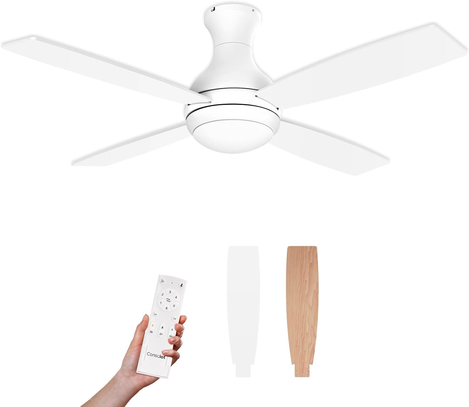 Consciot Ceiling Fan With Lights, 52 Inch Low Profile Ceiling Fan, Remote Control, Quiet Reversible DC Motor, Dimmable Tri-color Temperatures LED, 4 Double Finish Blades, Flush Mount, Indoor Only