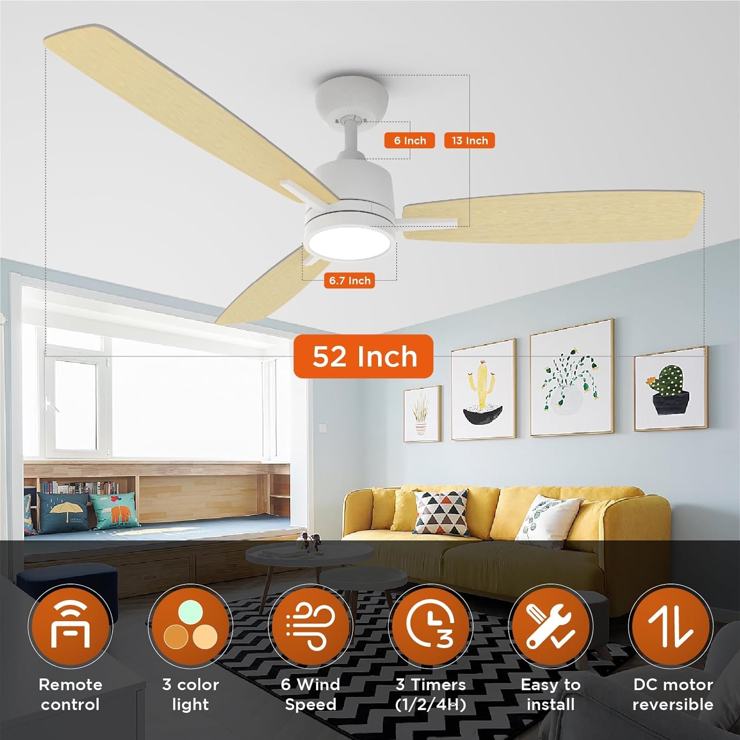 TALOYA Ceiling Fans with Lights 52 inch Ultra-Quiet Ceiling Fan with DC Motor and Remote for Living Room Dining Room Bedroom Patio