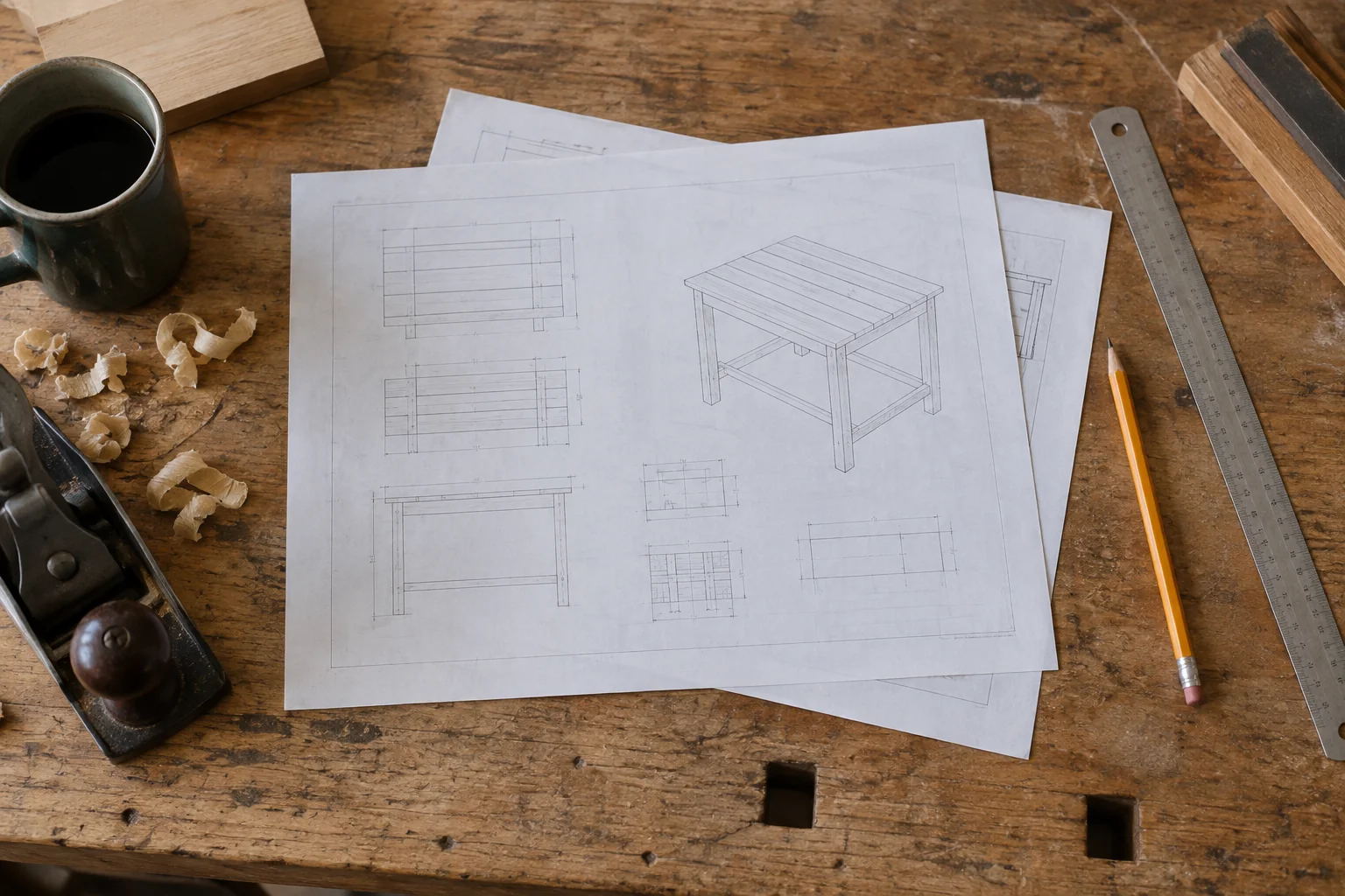 Plain paper plan sheets beside a ruler and pencil on a workbench