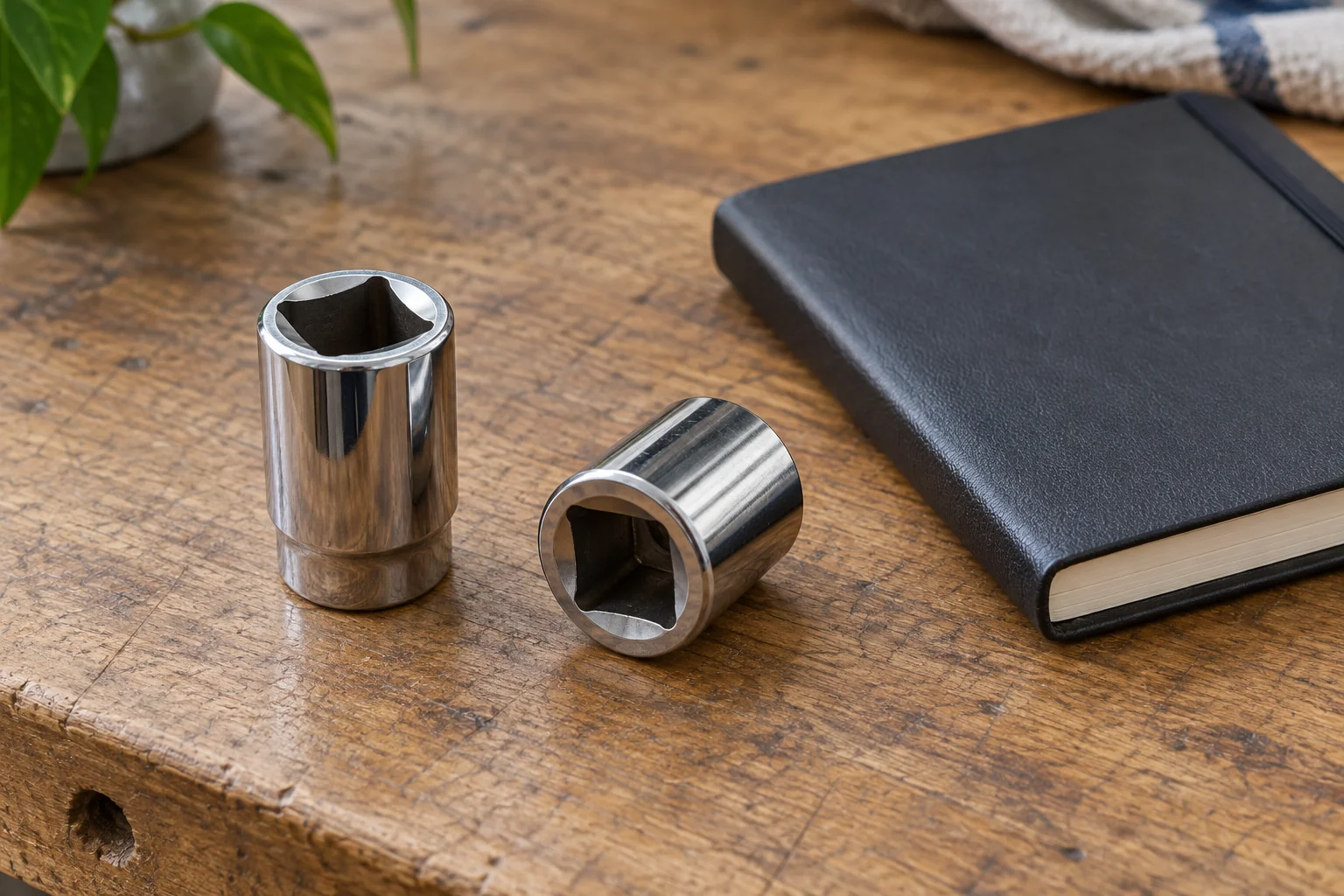 Two chrome sockets with visible square drive openings beside a closed notebook