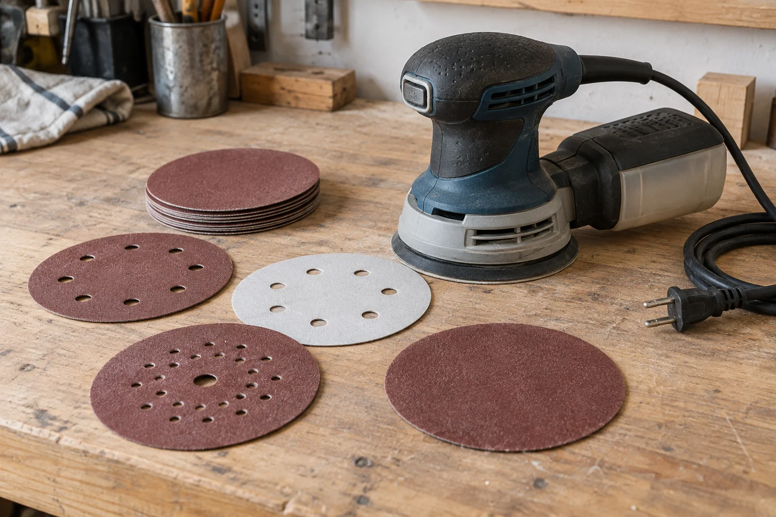 Unused sanding discs with different hole patterns beside an unplugged sander