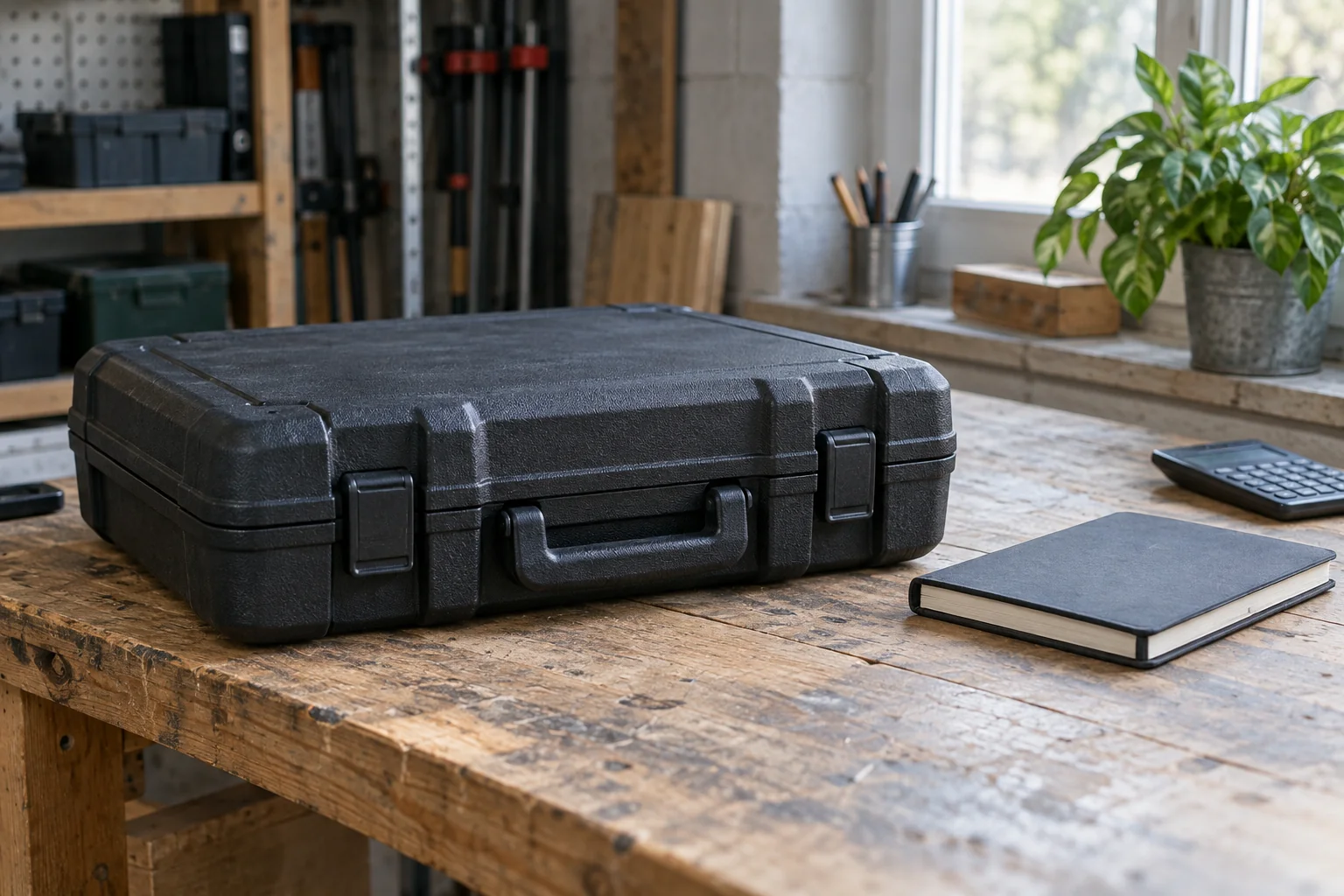 Closed tool case beside a blank notebook and calculator on a workbench