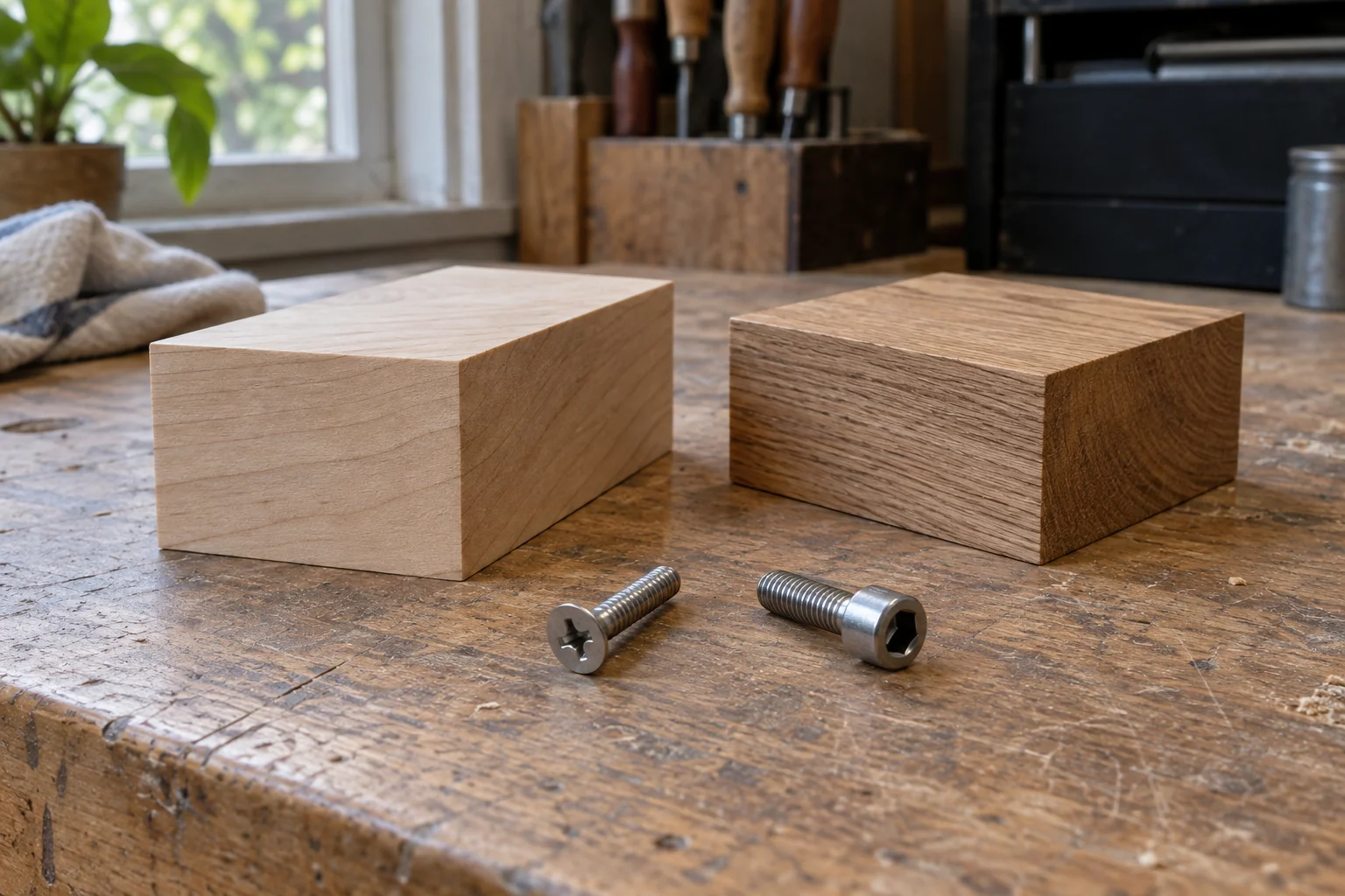 Loose flat-head and socket-head screws beside two plain wooden blocks