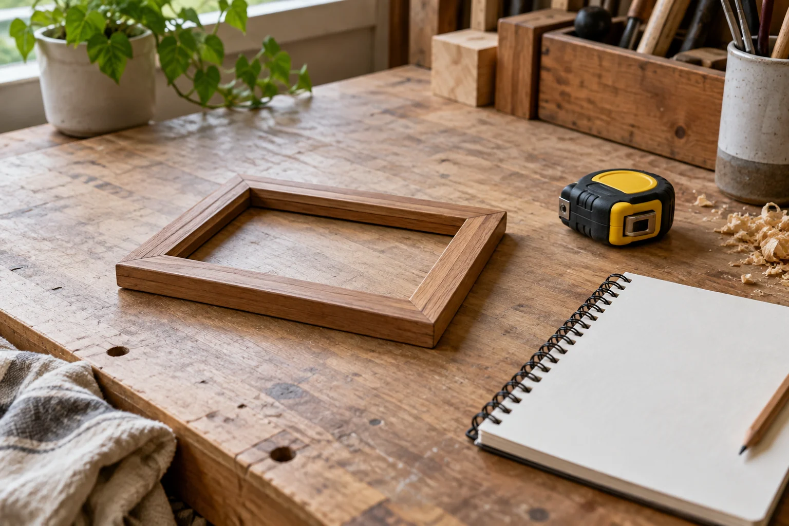 Empty wooden frame beside a tape measure and notebook