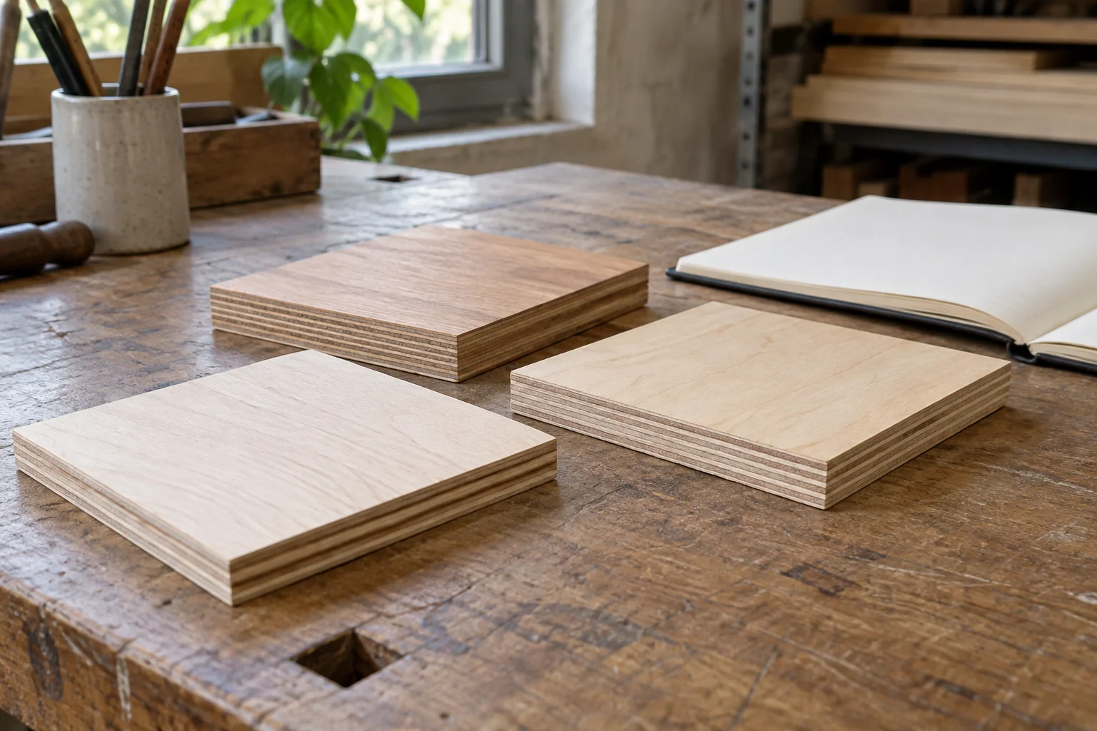 Three plywood sample squares with visible layered edges beside a blank notebook