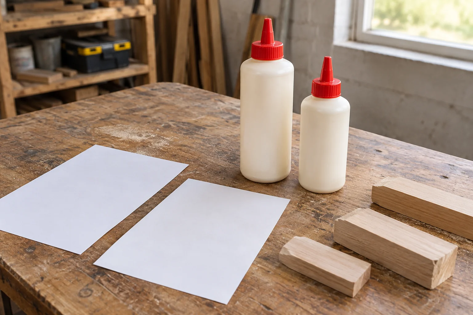 Closed glue bottles beside blank data sheets and unfinished wood offcuts
