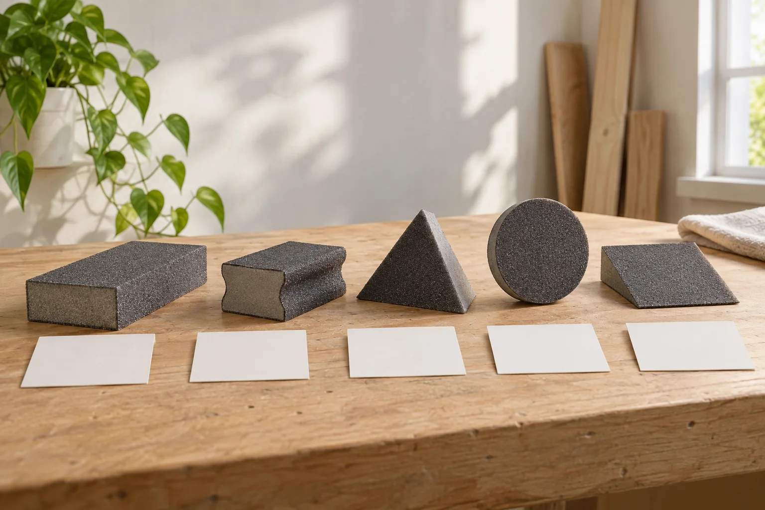 Plain sanding sponges of different shapes beside blank comparison cards