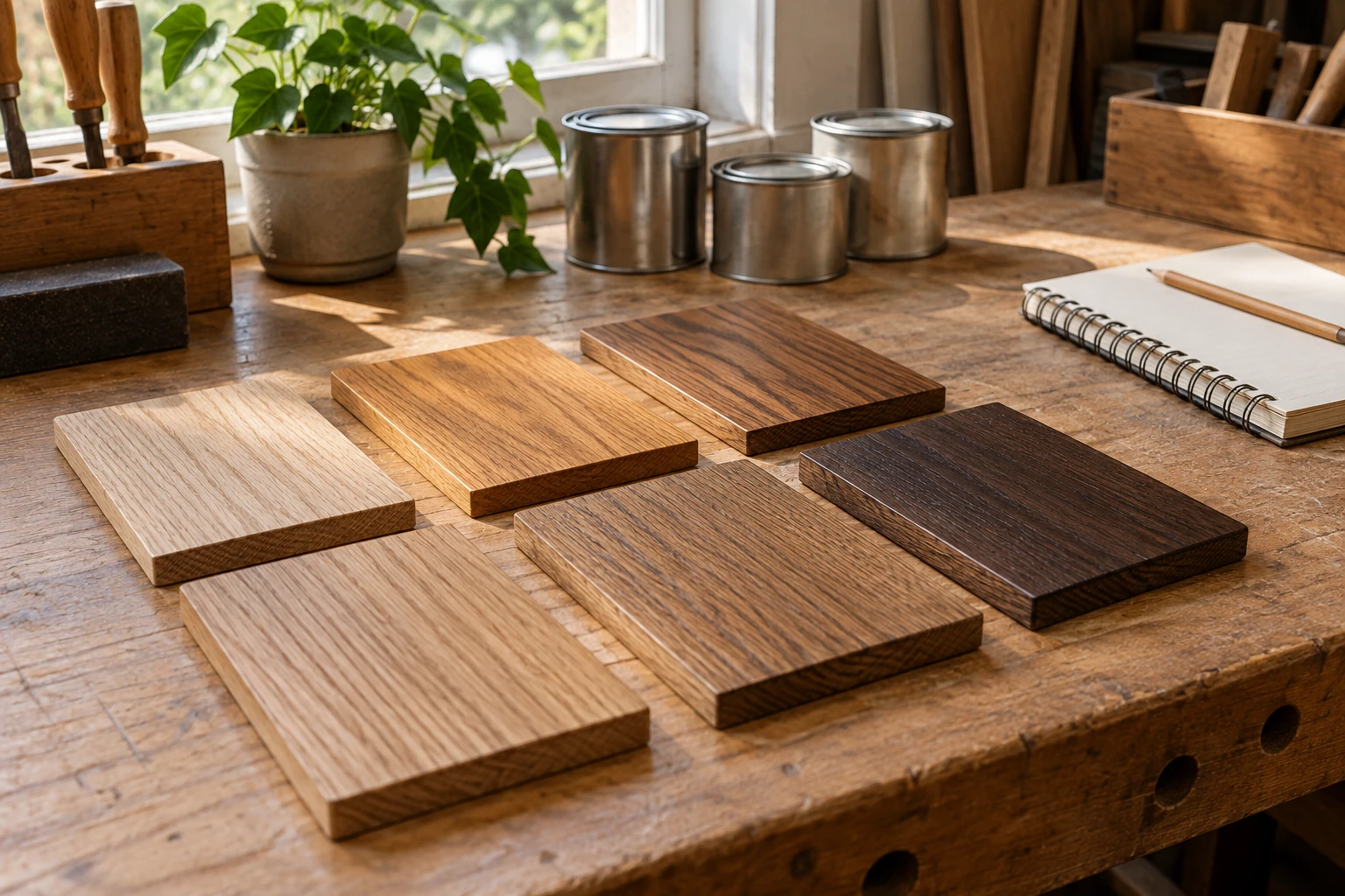 Finished wood sample boards in several tones arranged beside a notebook
