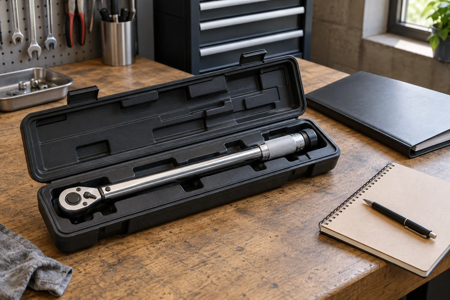 Torque wrench in an open case beside a plain document folder and notebook