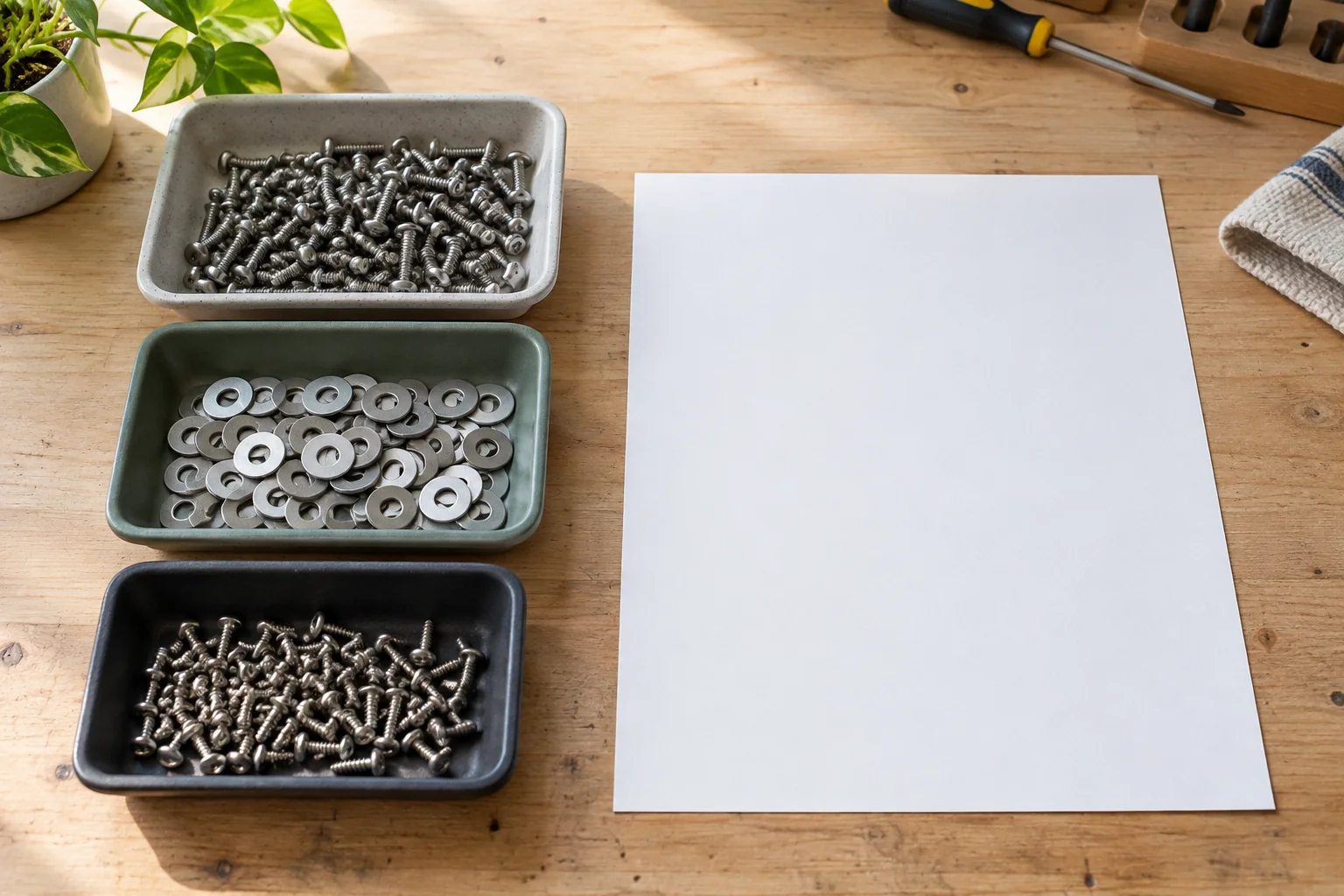 Screws and washers sorted in shallow trays beside a blank count sheet