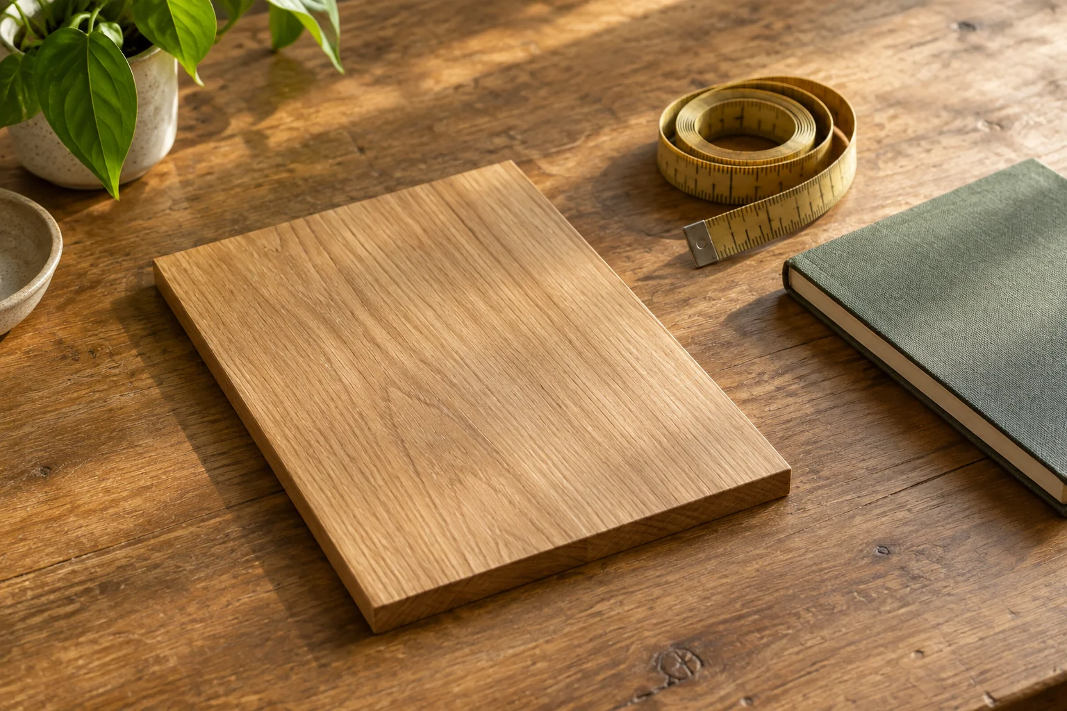 Plain rectangular wooden panel lying flat beside a coiled tape measure and a closed notebook