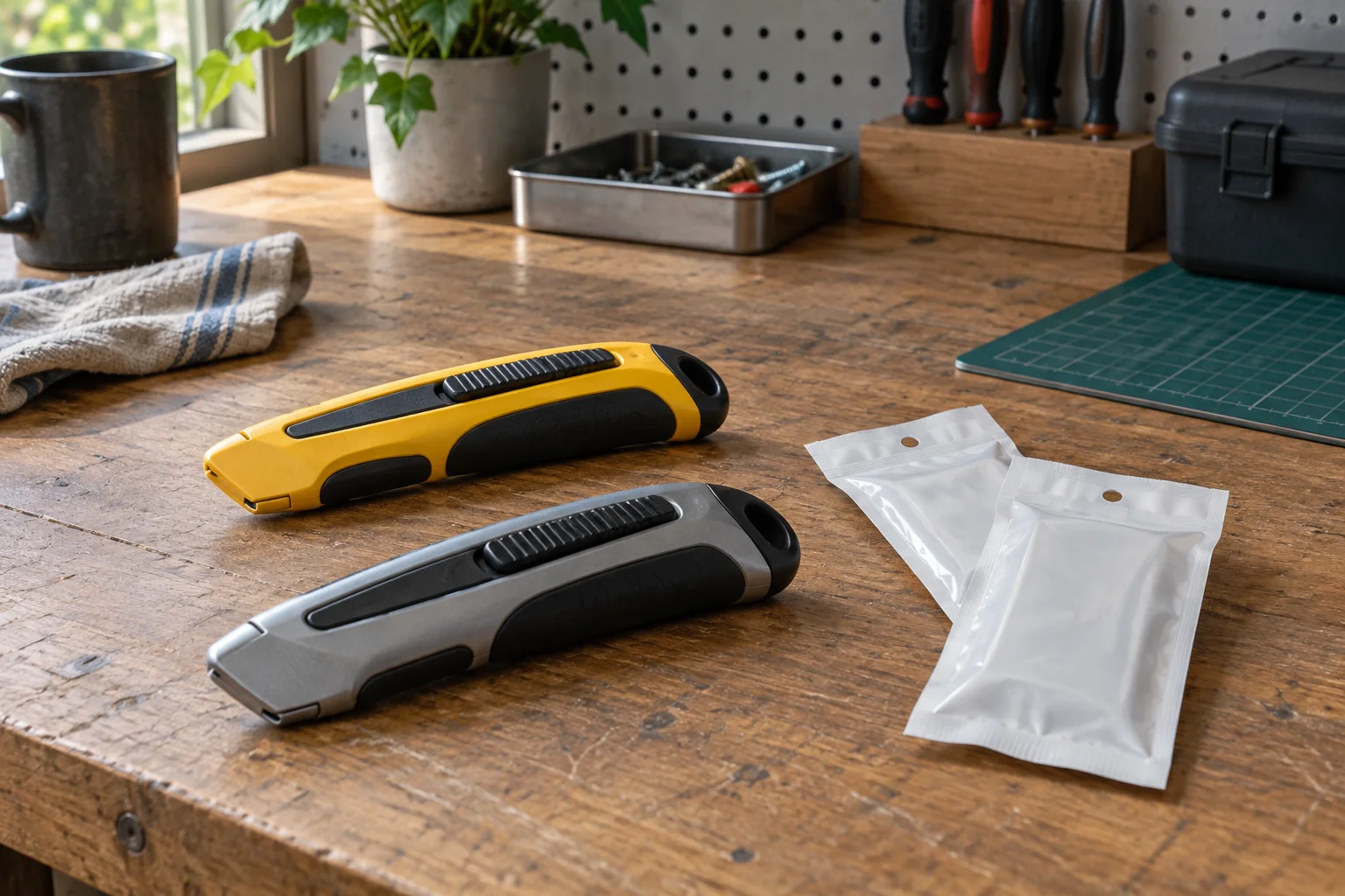 Closed utility knife handles beside sealed refill packets