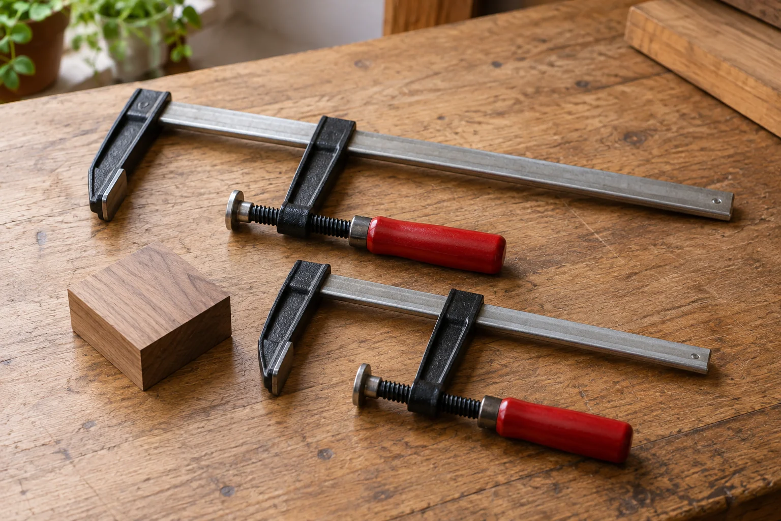 Two plain bar clamps lying flat beside a small wooden block