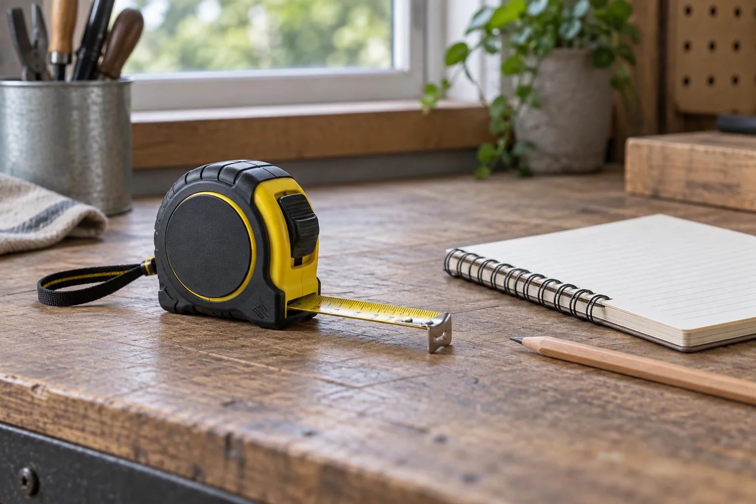 Tape measure and notebook on a workbench