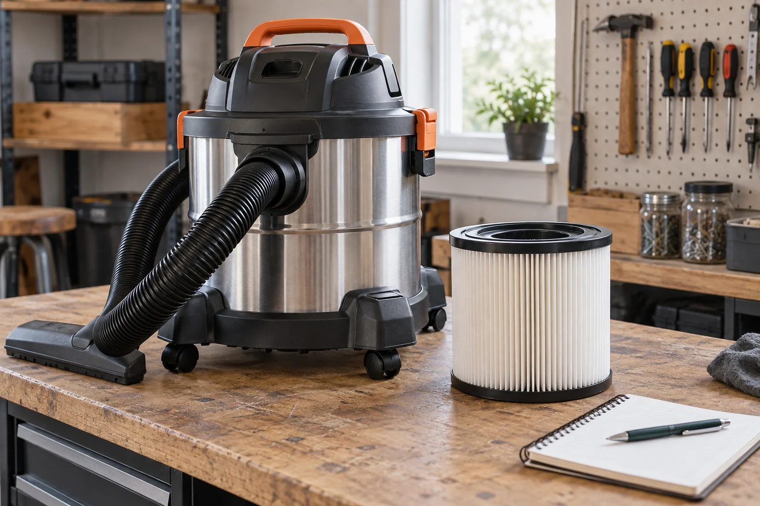 Shop vacuum beside a separate pleated filter and an open notebook