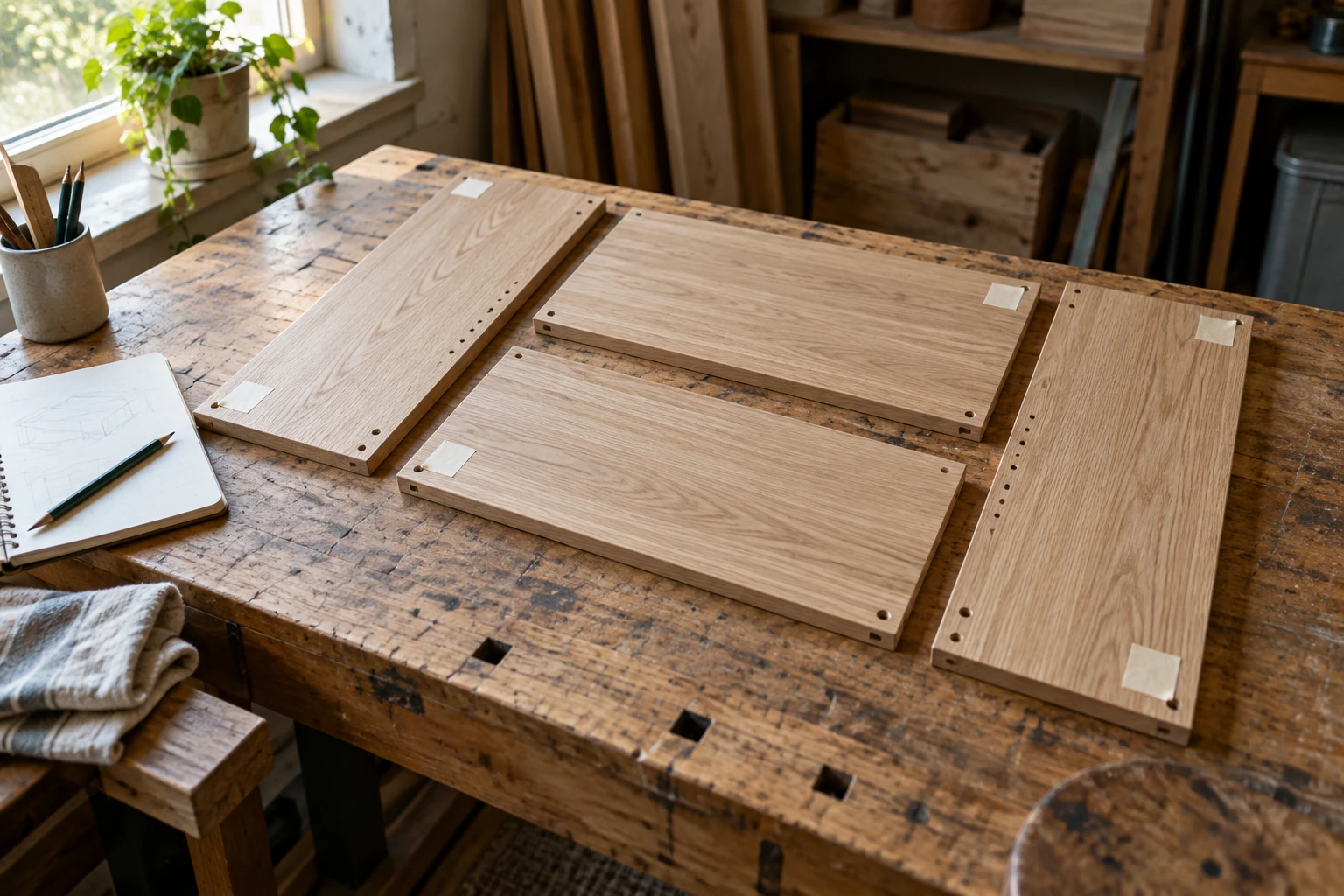 Wood furniture panels with removable labels arranged on a workbench