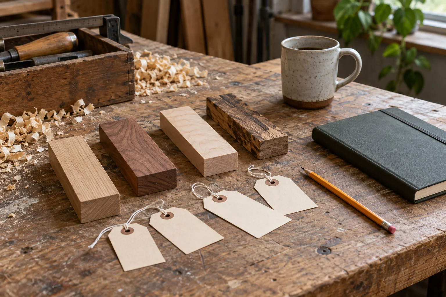 Wood offcuts with blank paper tags and a notebook on a workbench