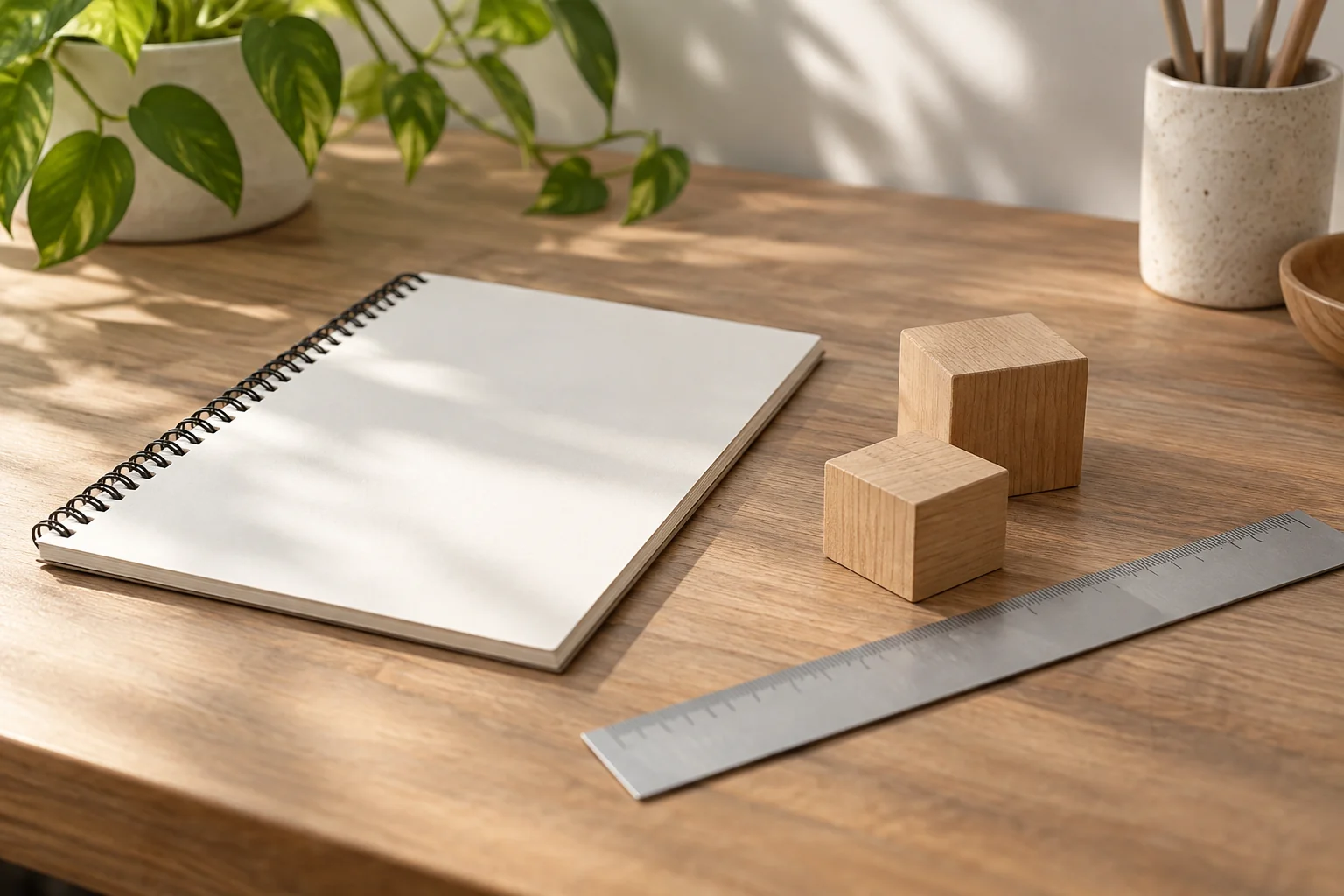 Ruler and blank project notebook beside two small wood blocks