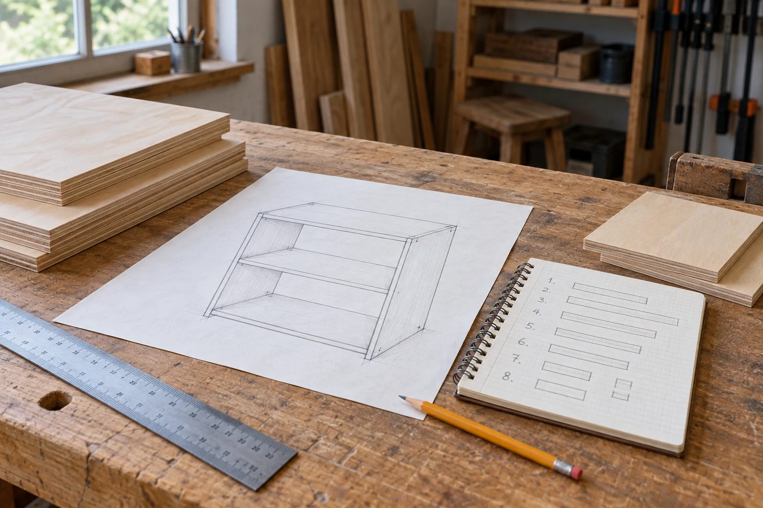 Simple cabinet sketch and numbered panel cut list beside plywood samples and a ruler