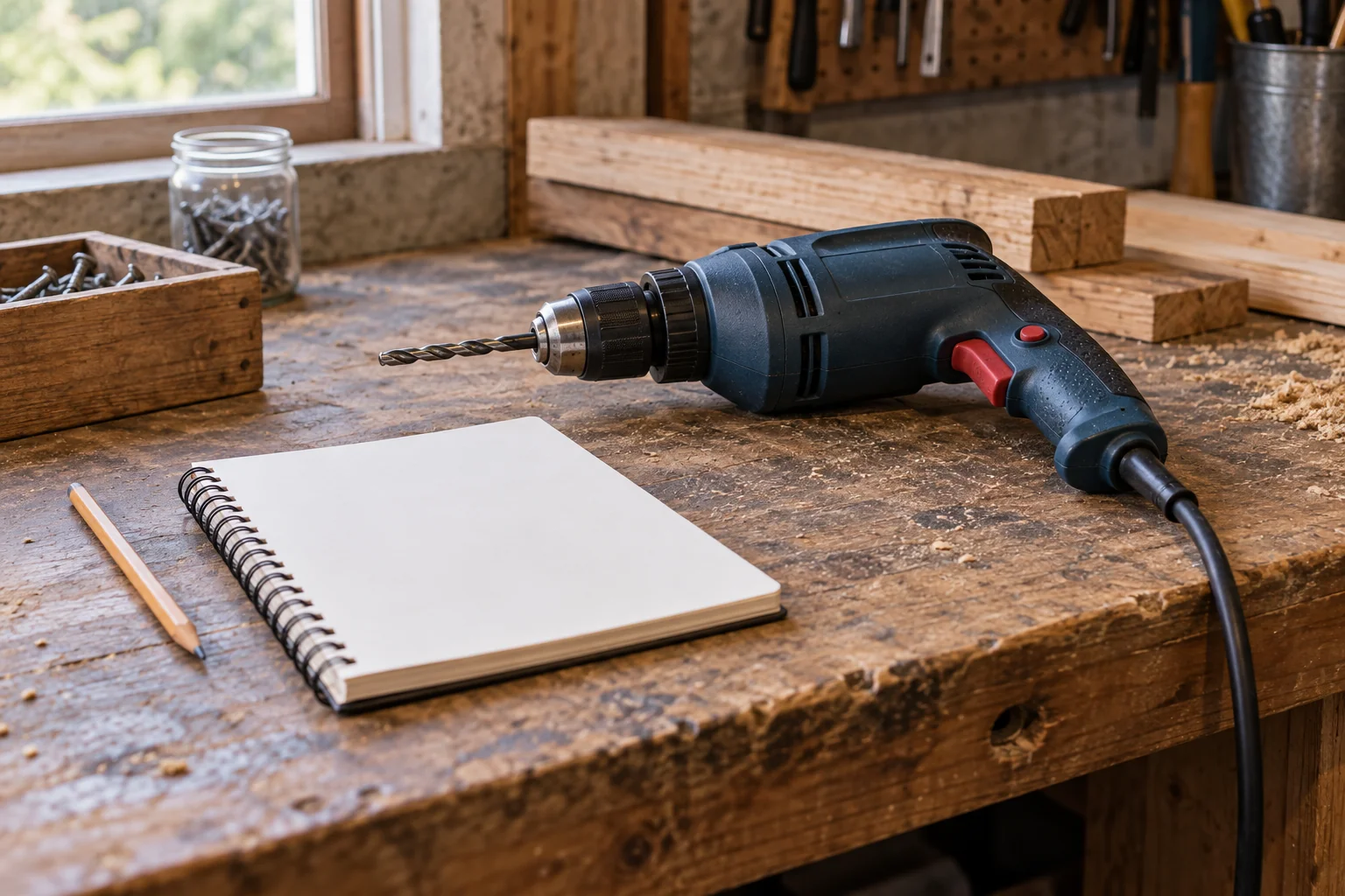 Generic corded drill resting on a workbench beside a blank notebook