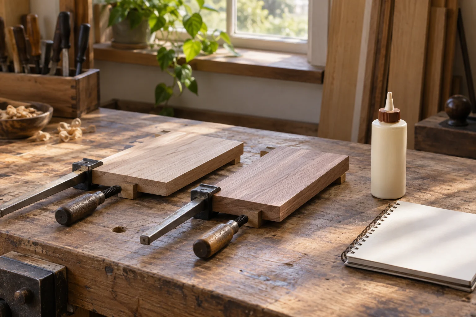 Two small wooden boards held in clamps on a workbench beside a closed glue bottle and a blank notebook
