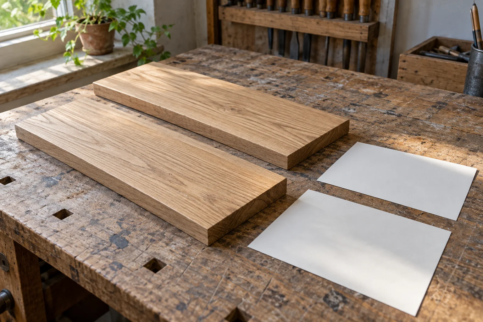 Two plain wood boards with visible lengthwise grain and blank paper rectangles on a workbench
