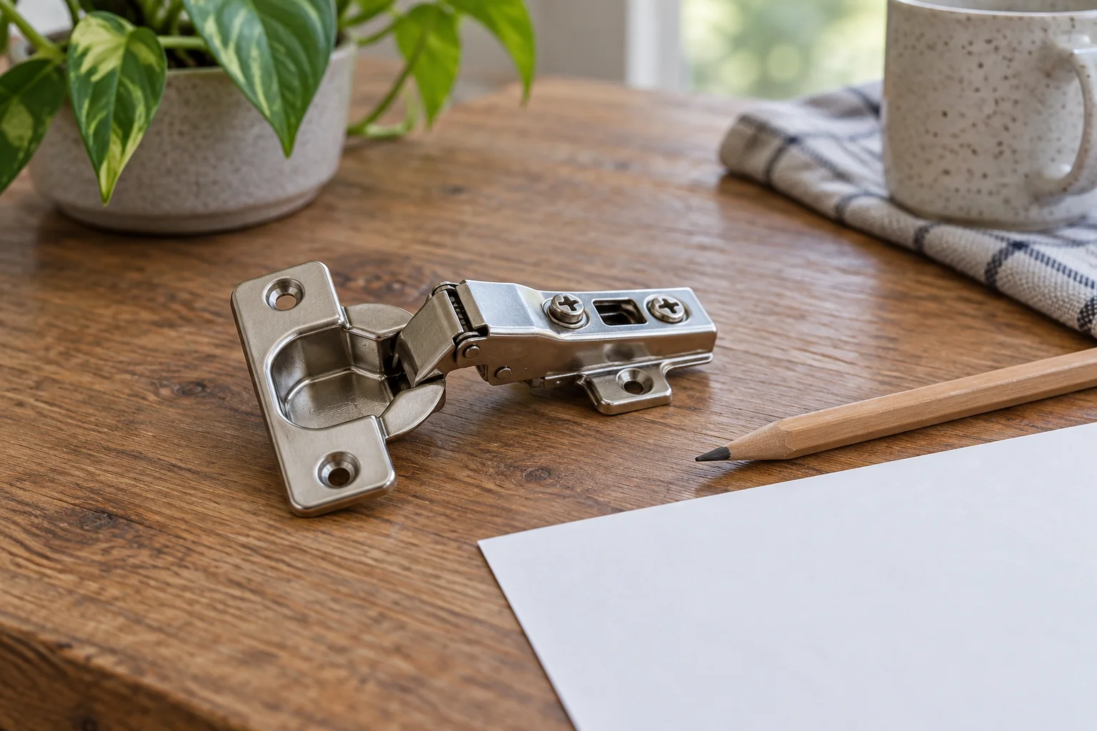 Concealed cabinet hinge beside paper and a pencil