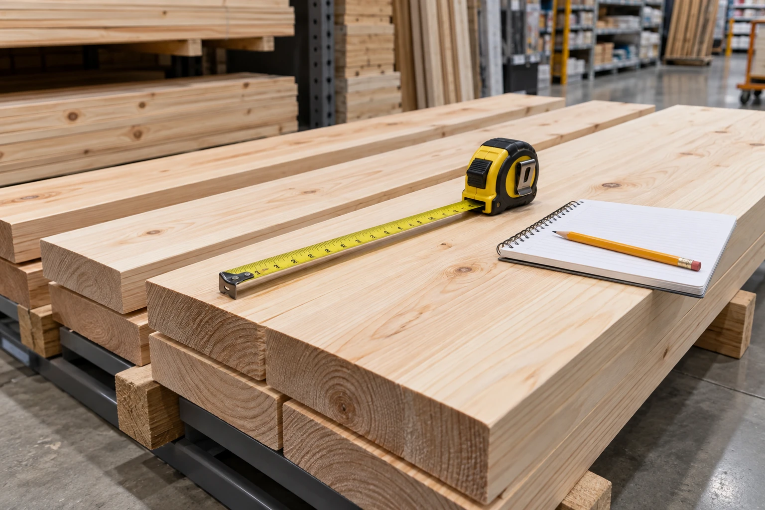 Tape measure and shopping worksheet beside neatly supported lumber boards in a store