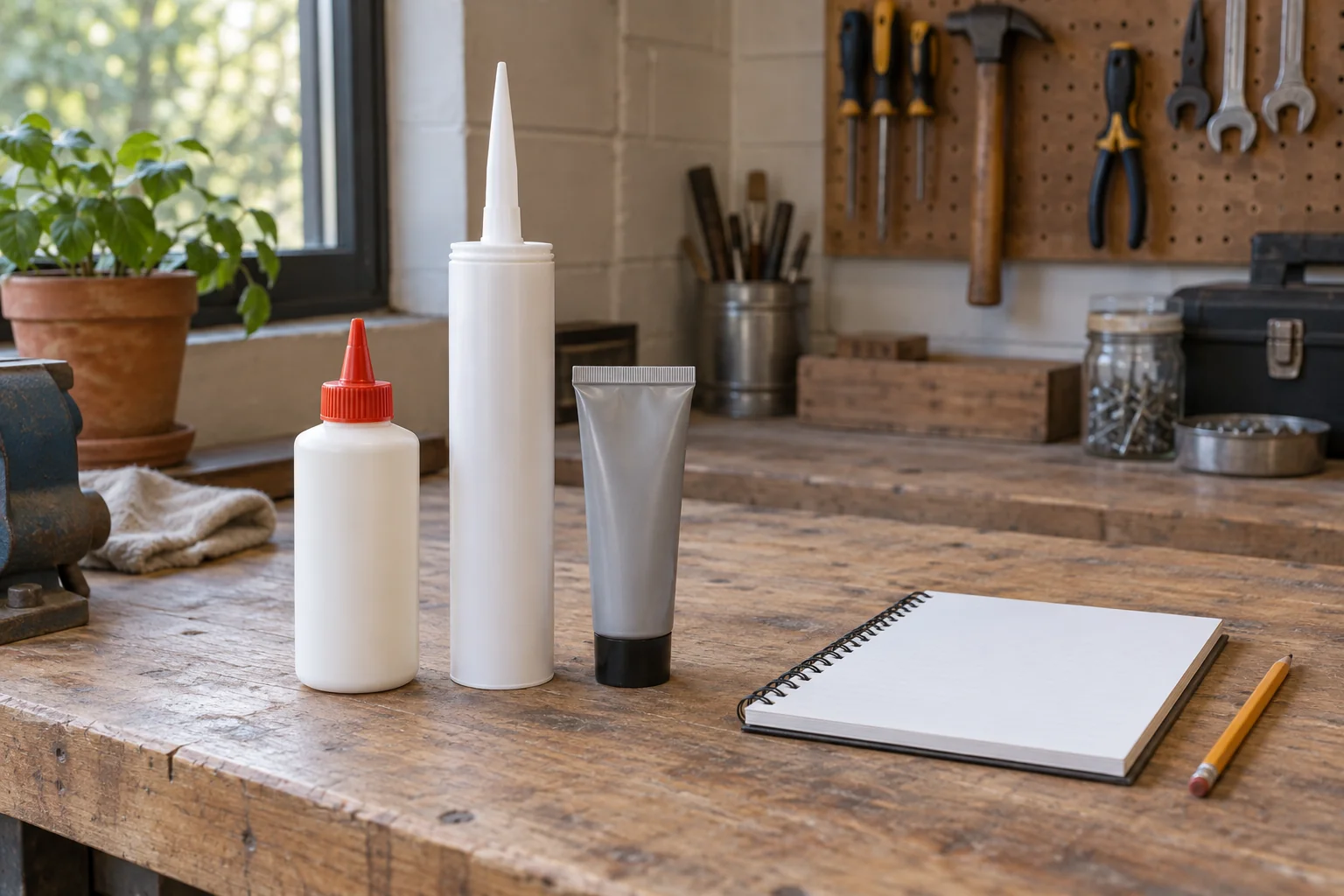 Closed workshop consumable containers beside a notebook and pencil
