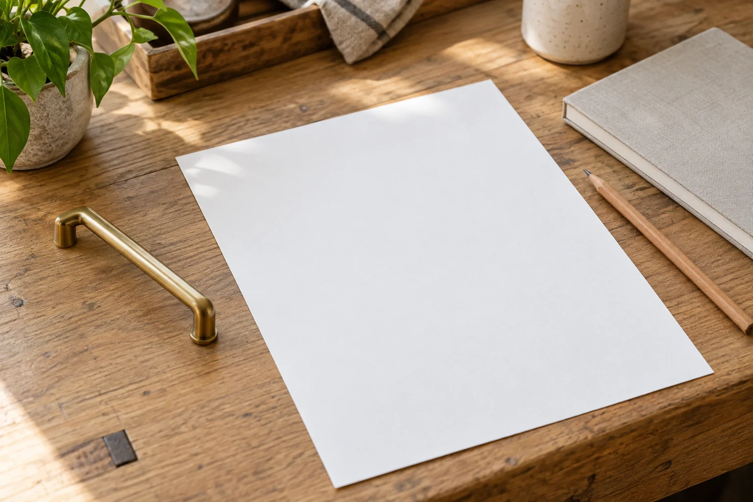 Plain white paper beside a loose brass cabinet pull, pencil and closed notebook on a wooden workbench